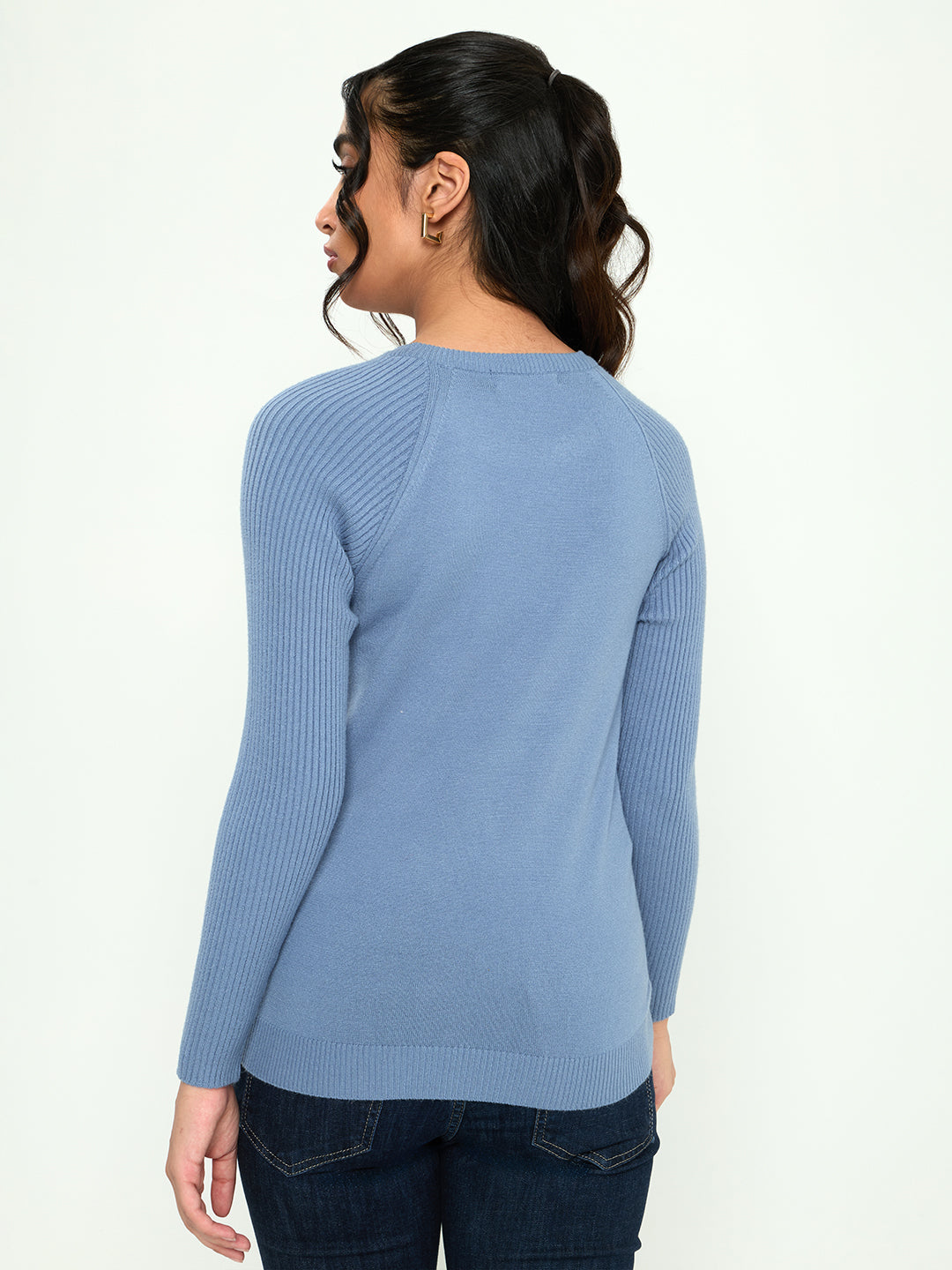 Women Blue Solid Round Neck Full Sleeve Sceavy