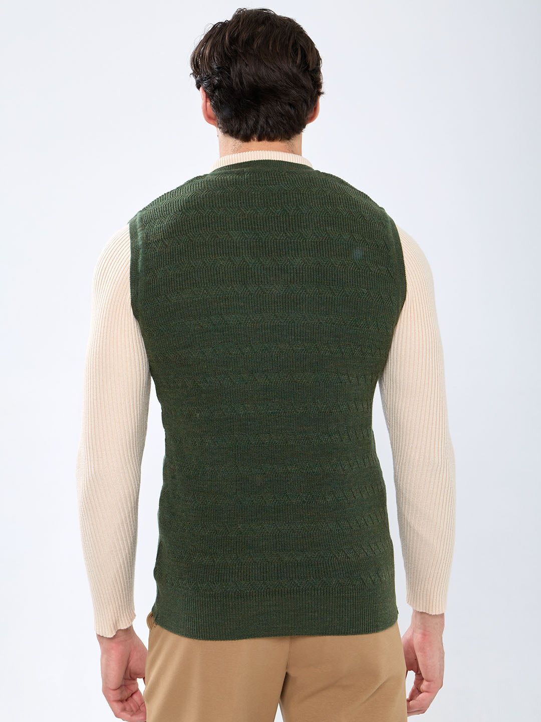 Men Green Self Design V Neck Sleeveless Sweater
