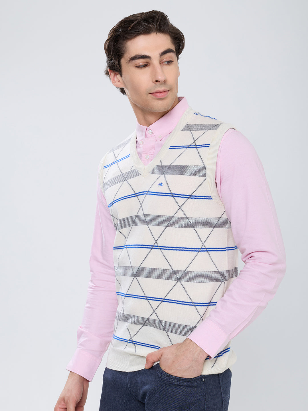 Men Off White Geometric V Neck Sleeveless Sweater
