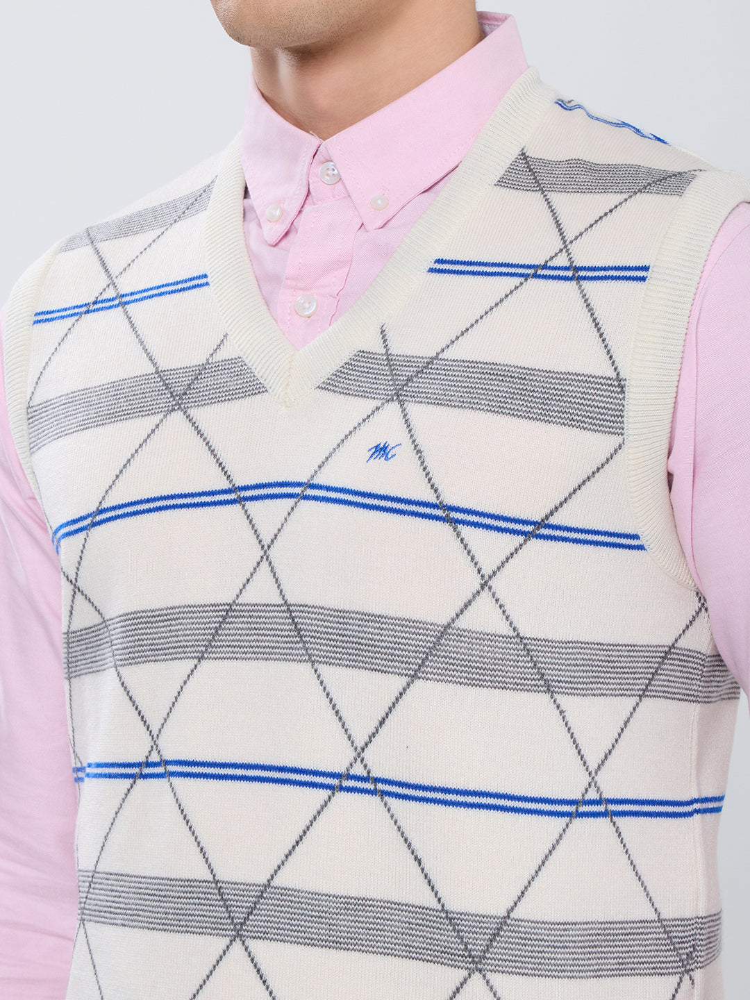 Men Off White Geometric V Neck Sleeveless Sweater