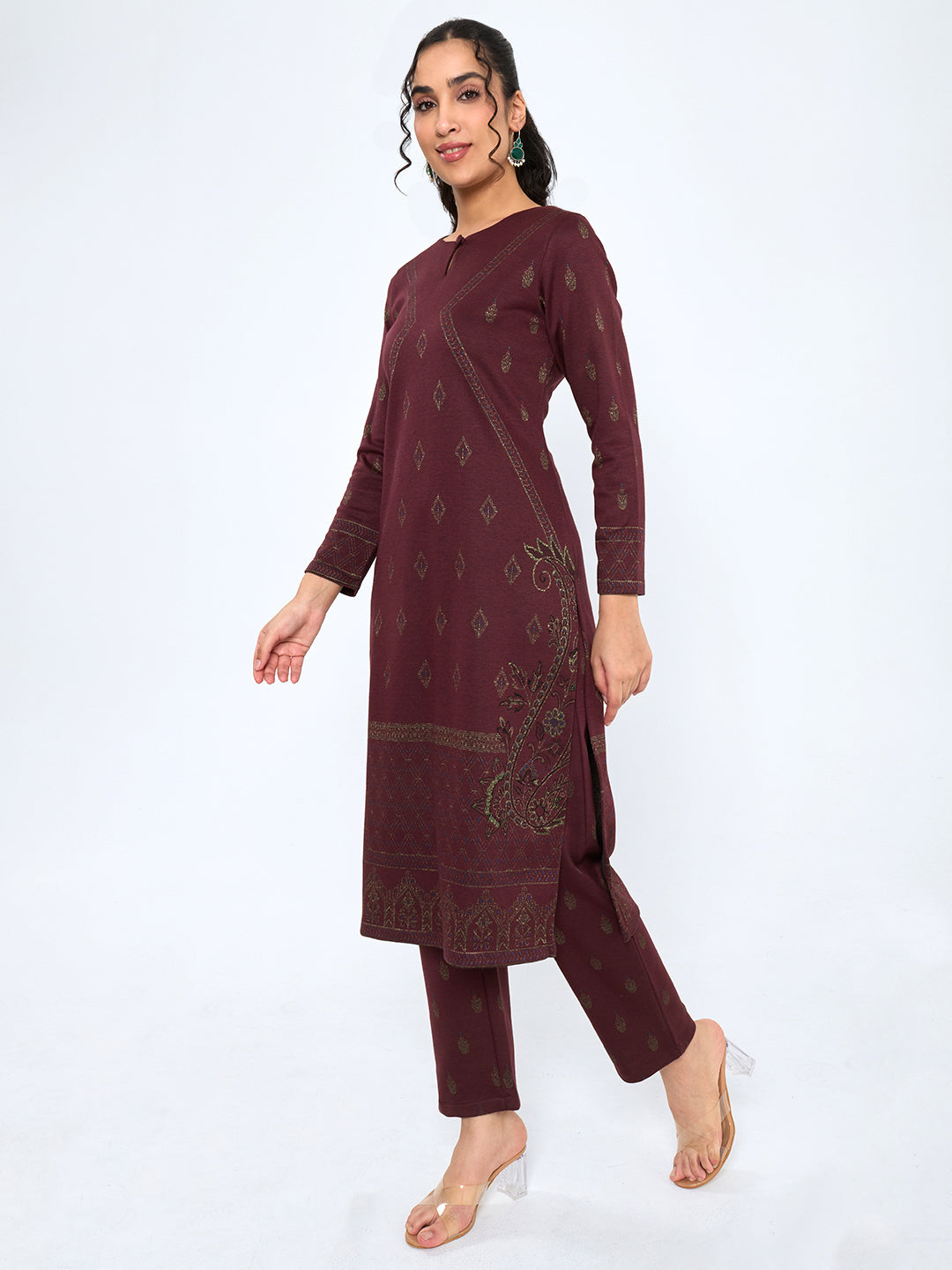 Women Maroon Self Design Round Neck Full Sleeve Kurtis Set for Winter