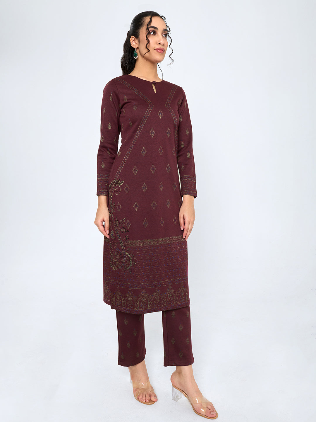 Women Maroon Self Design Round Neck Full Sleeve Kurtis Set for Winter