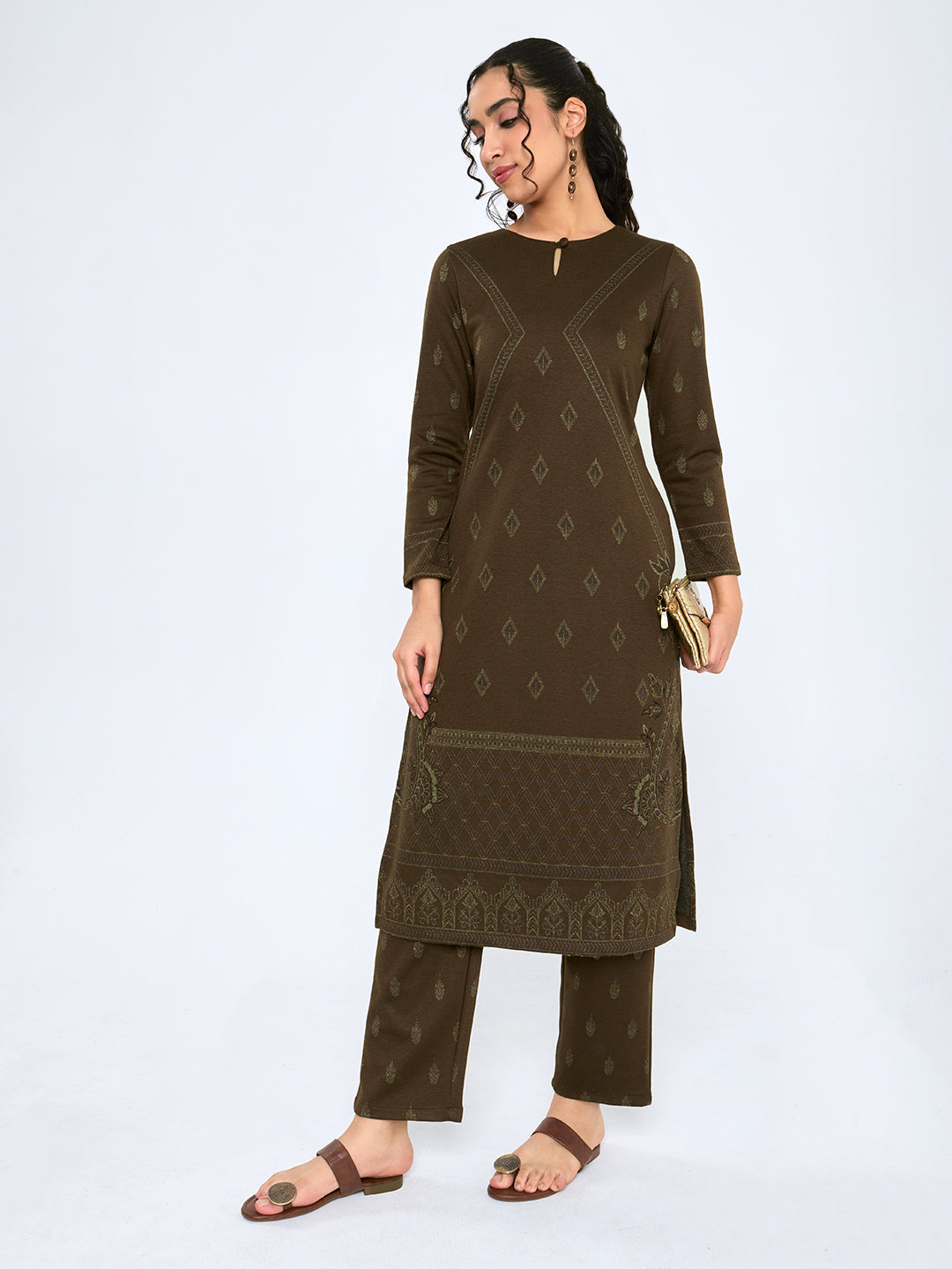 Women Brown Self Design Round Neck Full Sleeve Kurtis Set for Winter