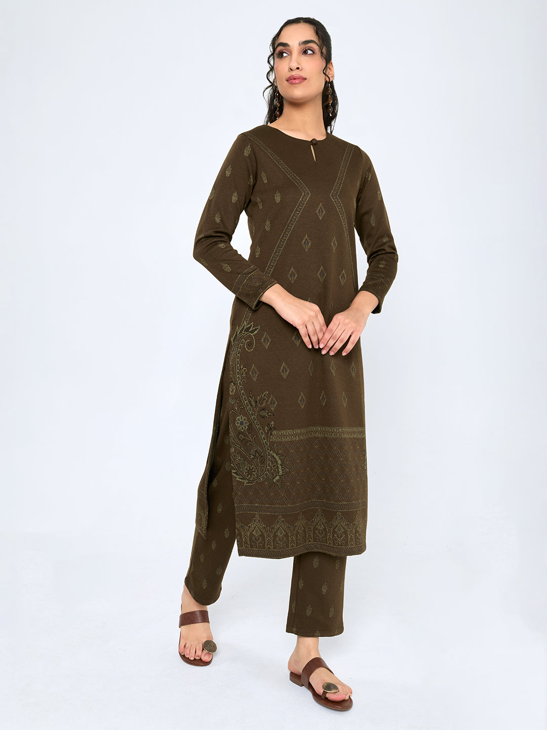 Women Brown Self Design Round Neck Full Sleeve Kurtis Set for Winter