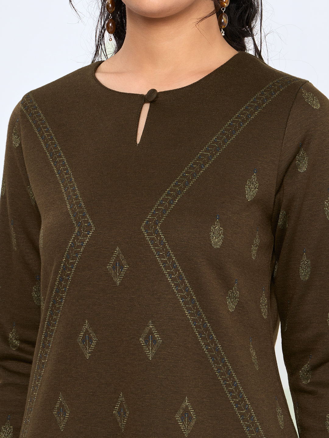 Women Brown Self Design Round Neck Full Sleeve Kurtis Set for Winter