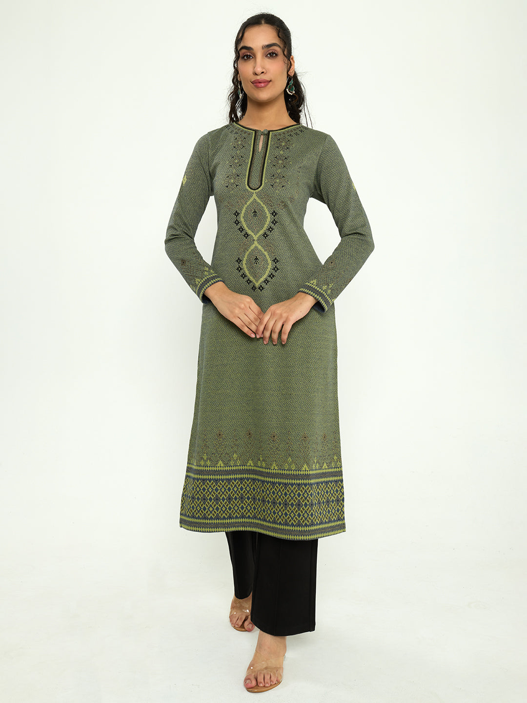 Women Green Self Design Round Neck Full Sleeve Winter Kurtis
