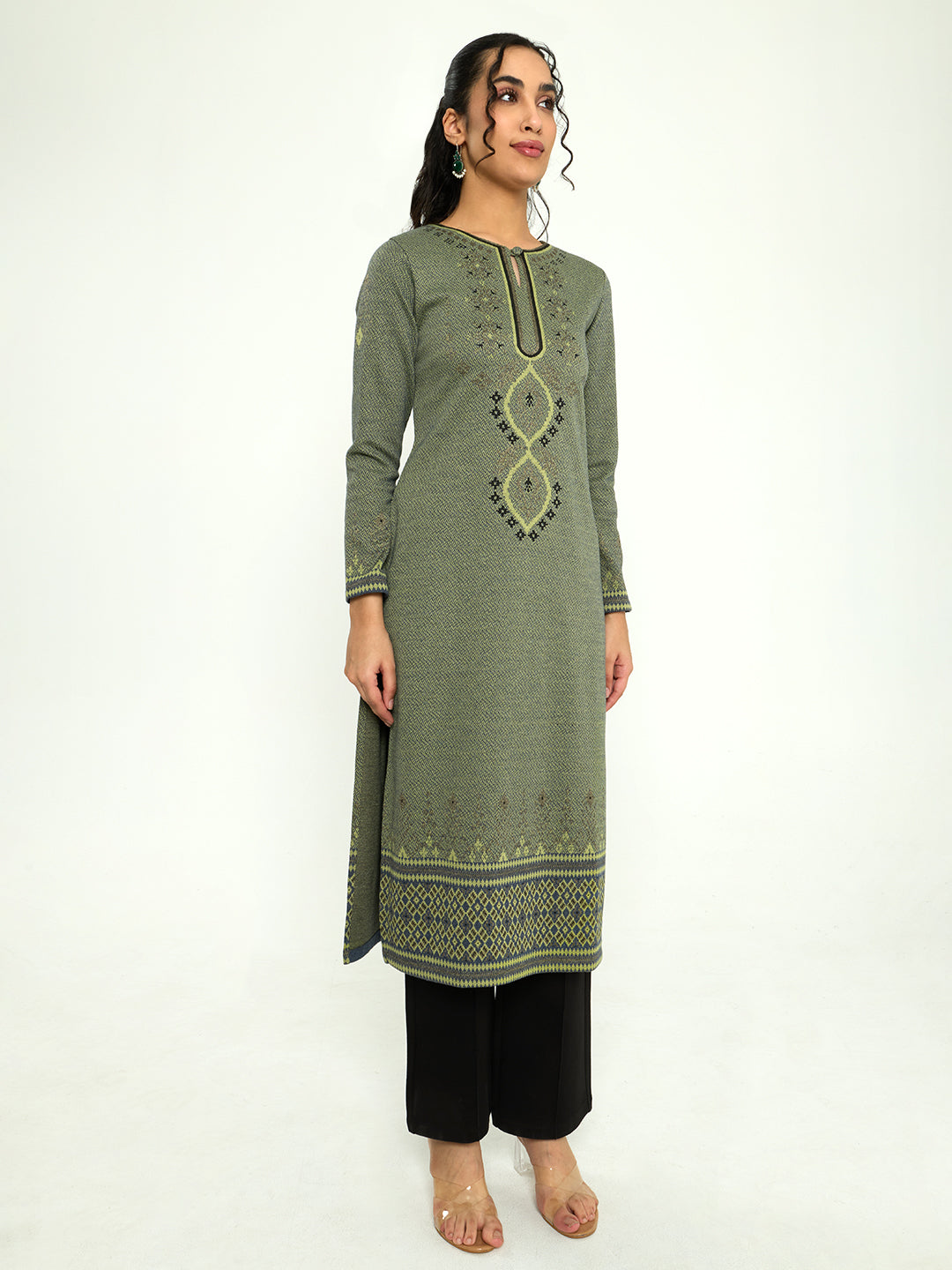 Women Green Self Design Round Neck Full Sleeve Winter Kurtis
