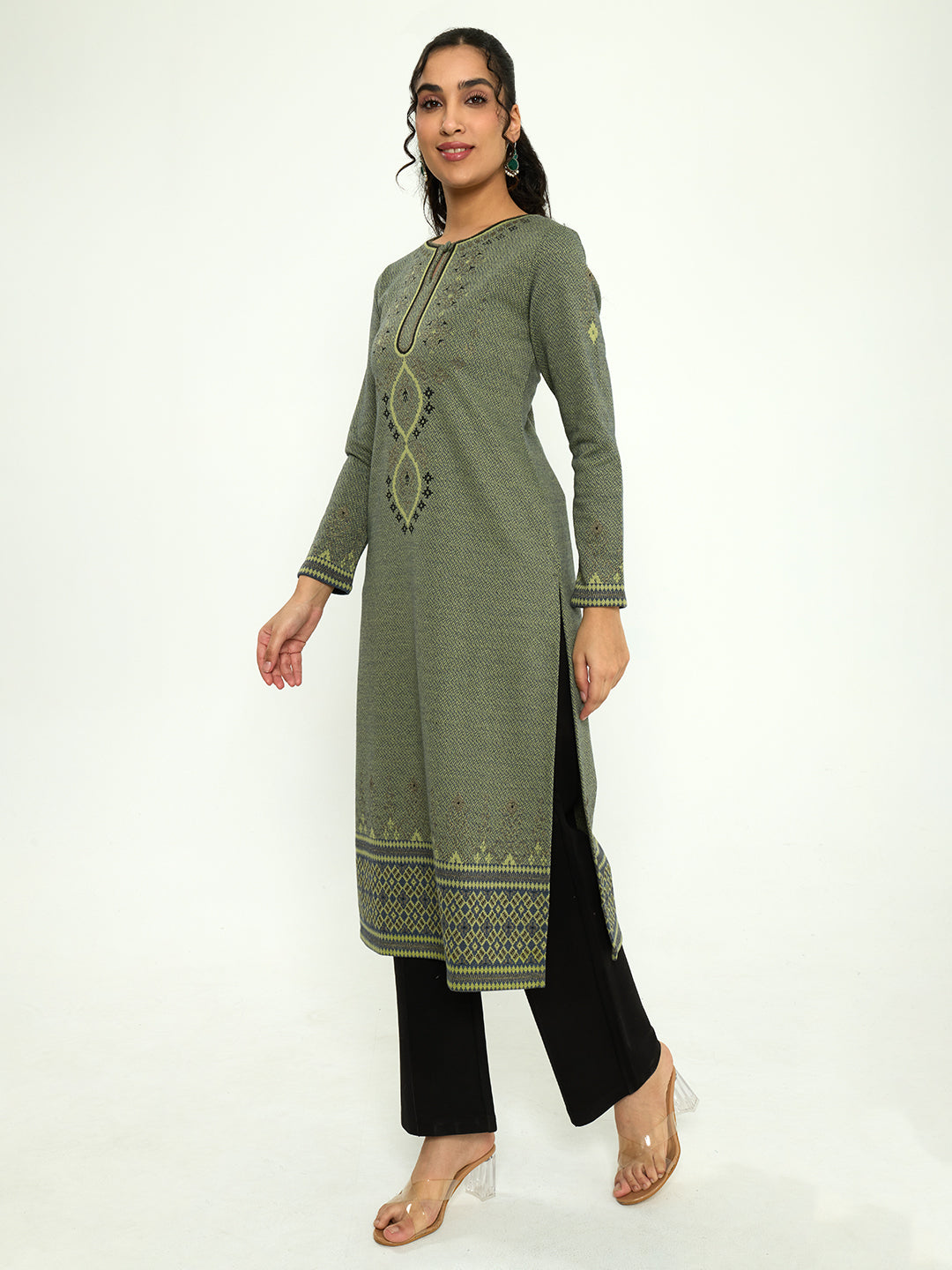 Women Green Self Design Round Neck Full Sleeve Winter Kurtis