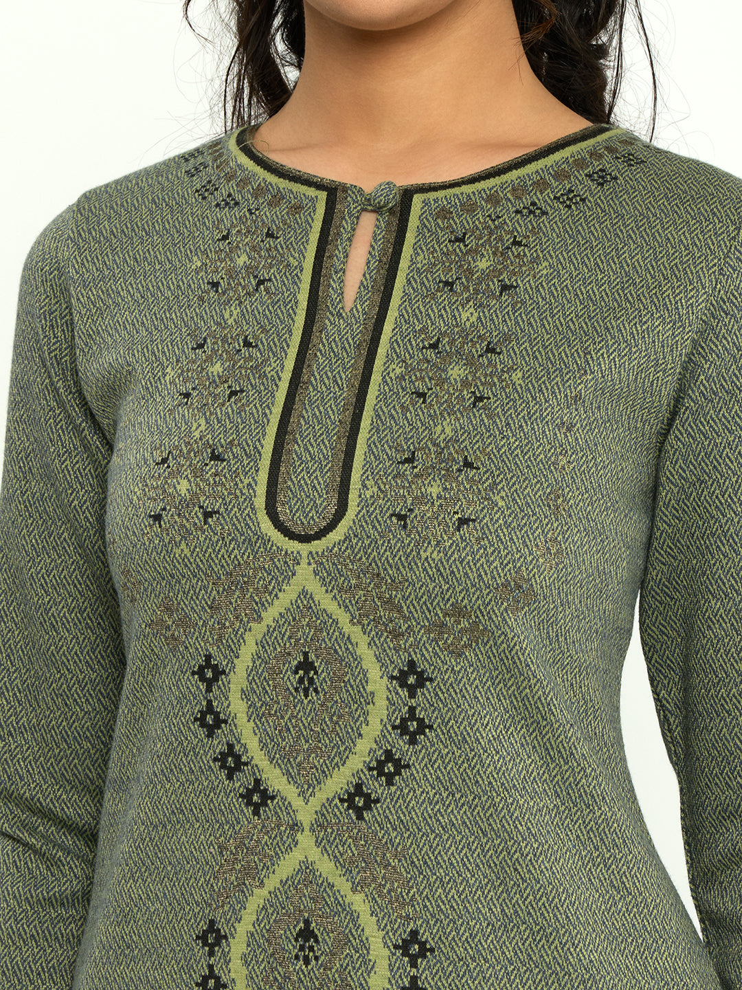 Women Green Self Design Round Neck Full Sleeve Winter Kurtis