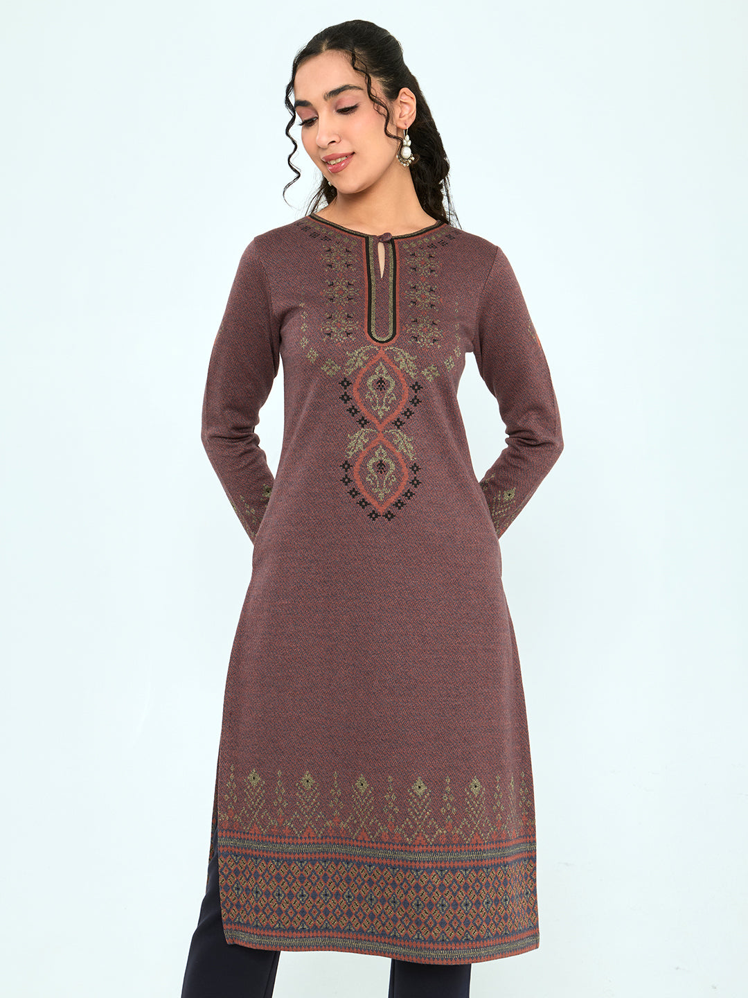 Women Rust Self Design Round Neck Full Sleeve Winter Kurtis