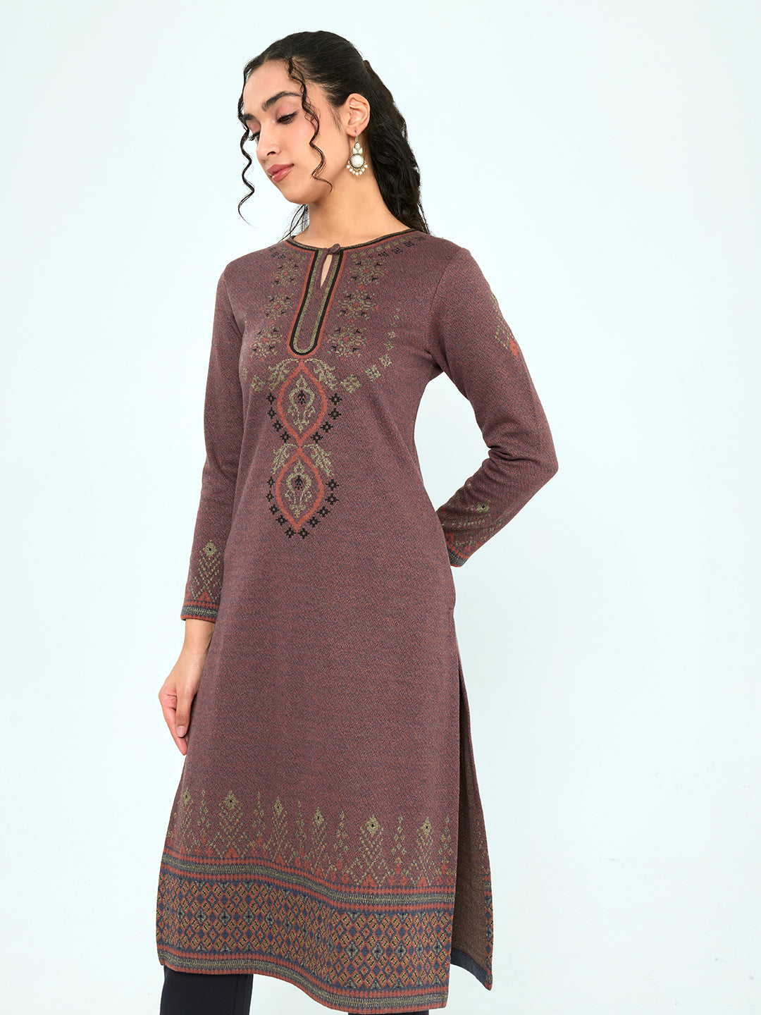 Women Rust Self Design Round Neck Full Sleeve Winter Kurtis
