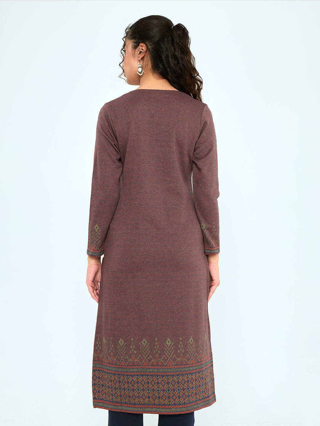 Women Rust Self Design Round Neck Full Sleeve Winter Kurtis