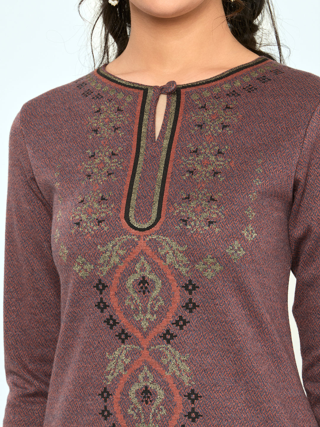 Women Rust Self Design Round Neck Full Sleeve Winter Kurtis