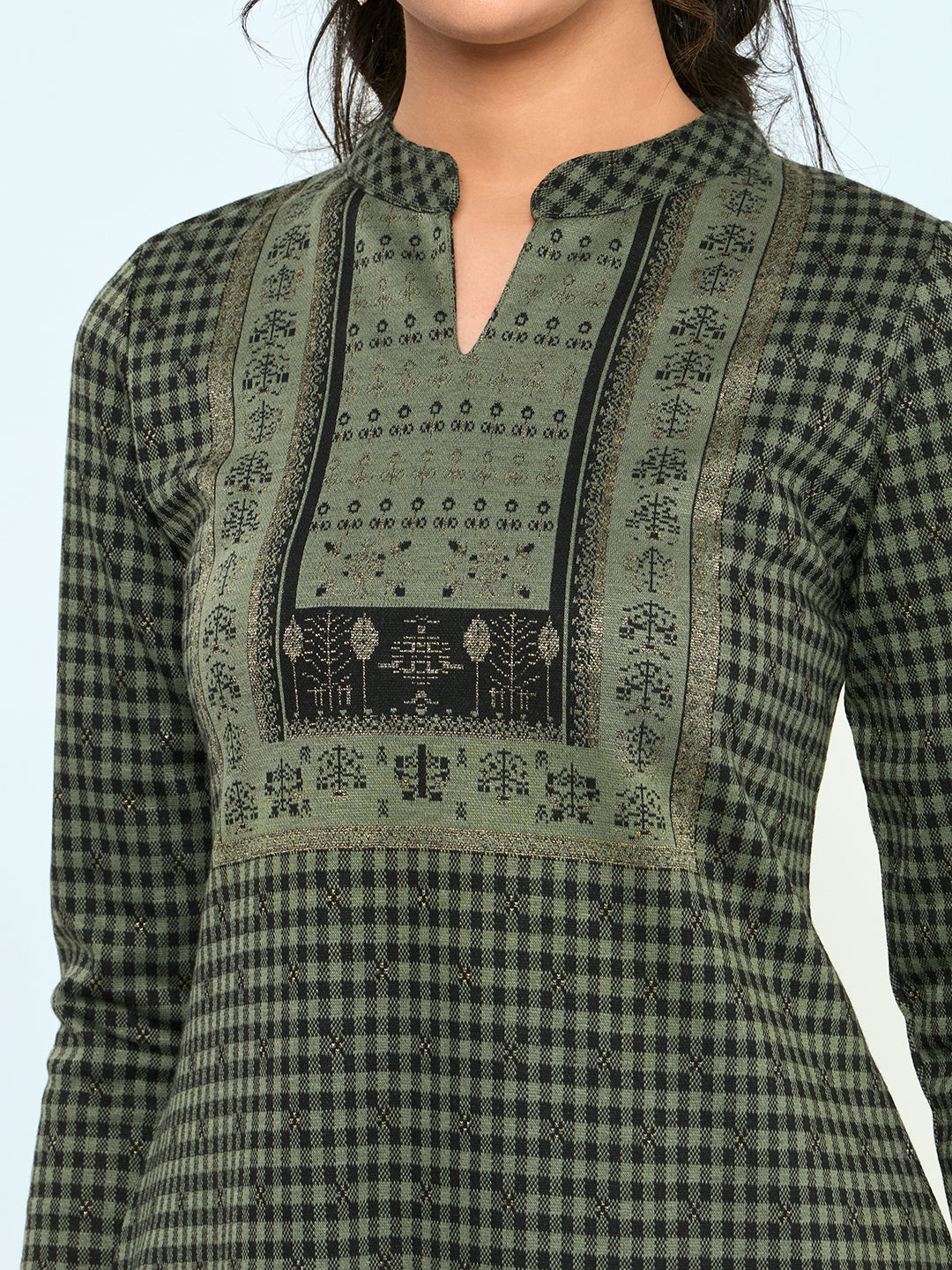 Women Olive Self Design Round Neck Full Sleeve Winter Kurtis