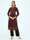 Women Burgundy Self Design Round Neck Full Sleeve Winter Kurtis
