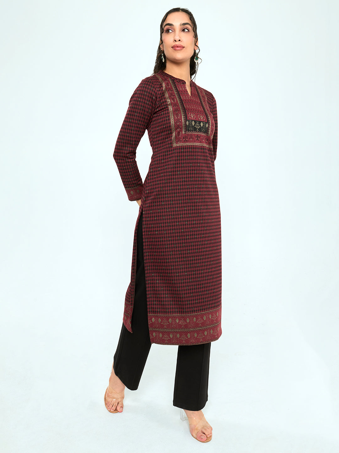 Women Burgundy Self Design Round Neck Full Sleeve Winter Kurtis