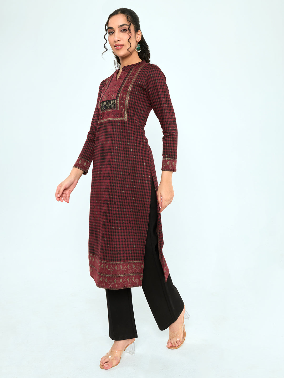 Women Burgundy Self Design Round Neck Full Sleeve Winter Kurtis