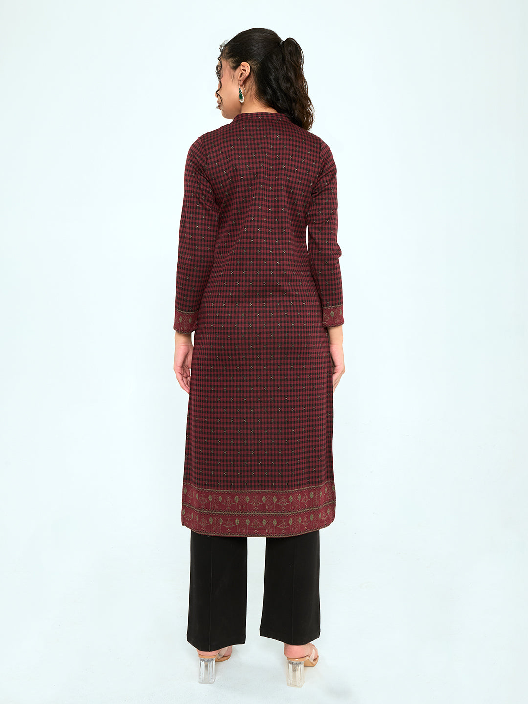 Women Burgundy Self Design Round Neck Full Sleeve Winter Kurtis