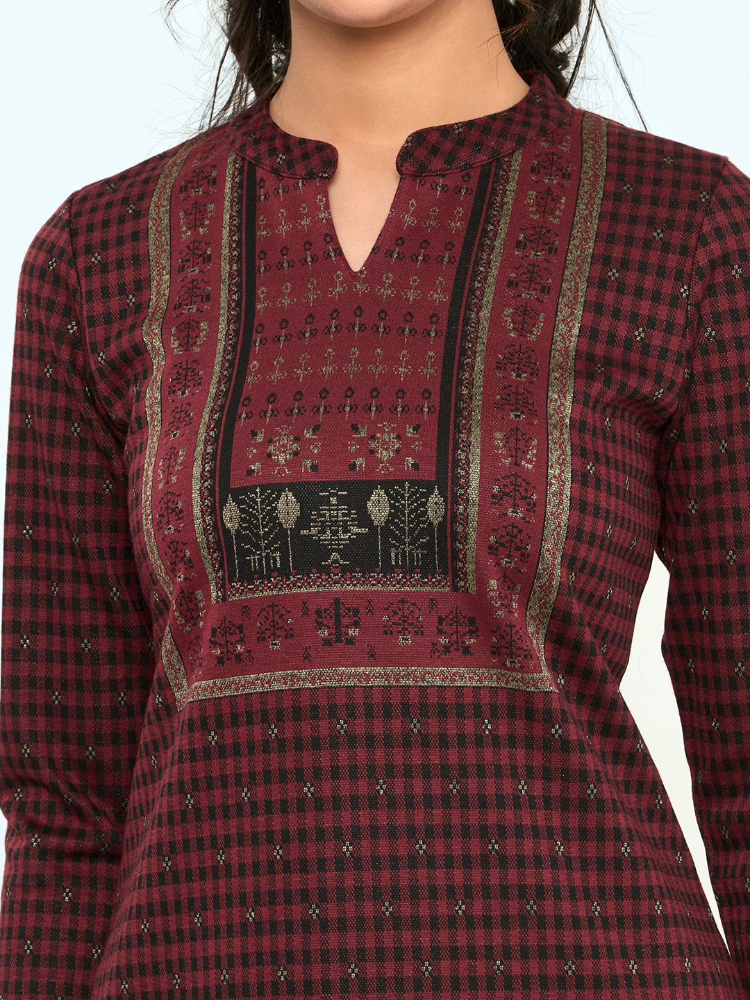 Women Burgundy Self Design Round Neck Full Sleeve Winter Kurtis