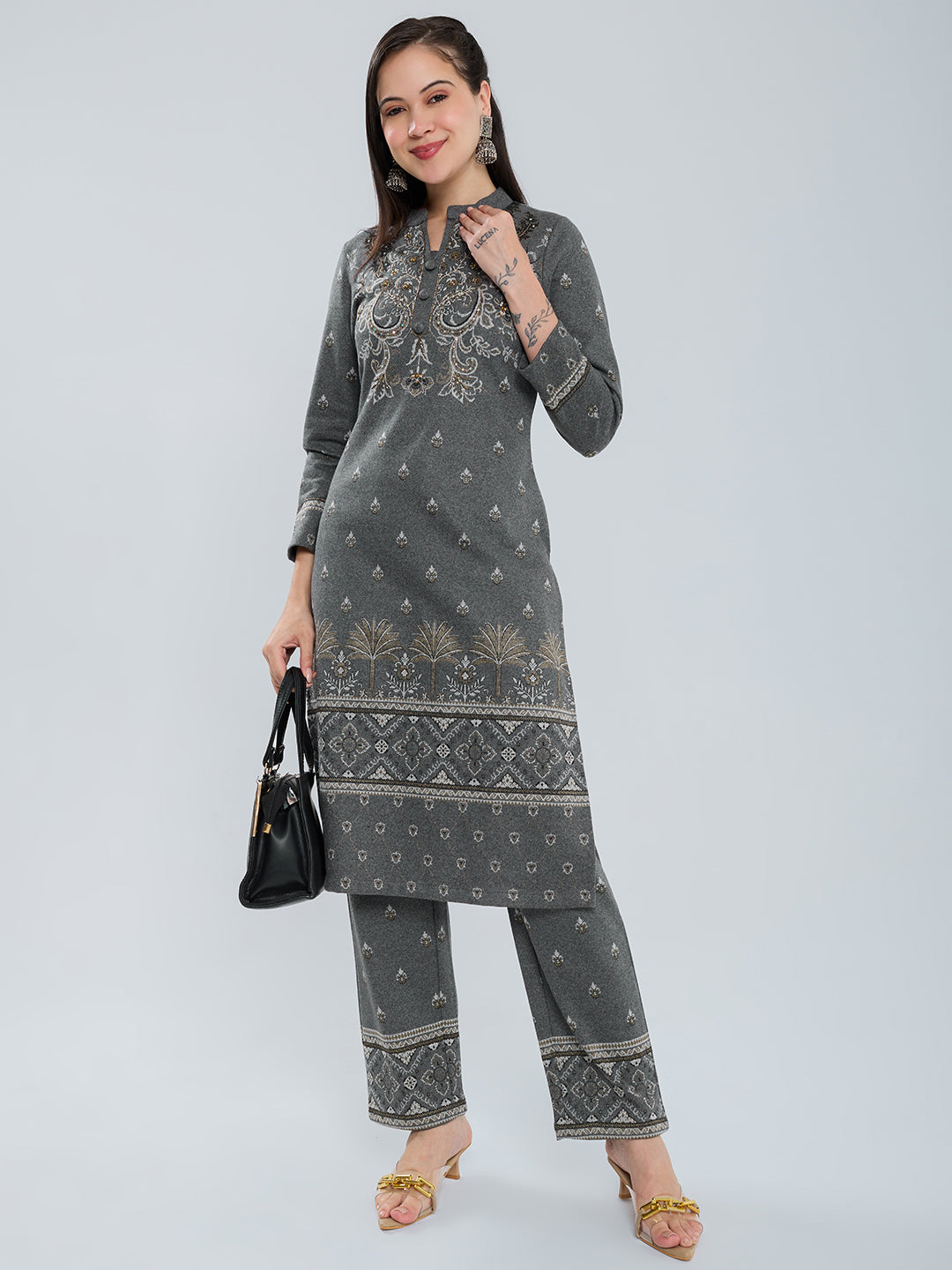 Women Charcoal Self Design Henley Neck Short Sleeve Kurtis Set for Winter