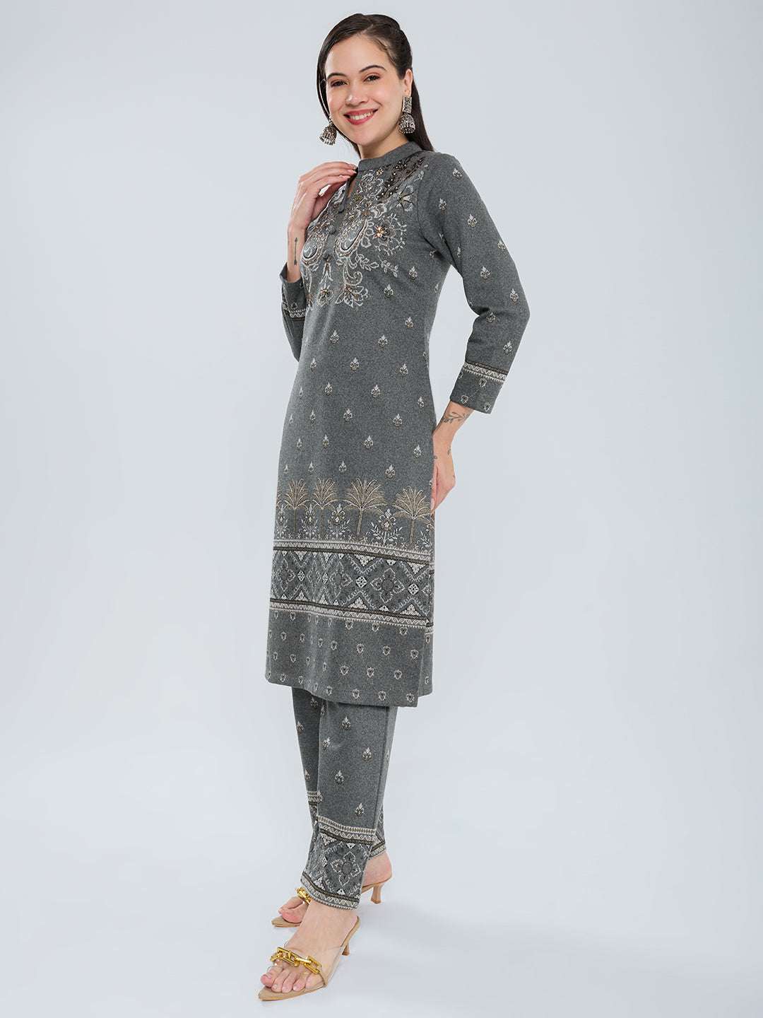 Women Charcoal Self Design Henley Neck Short Sleeve Kurtis Set for Winter