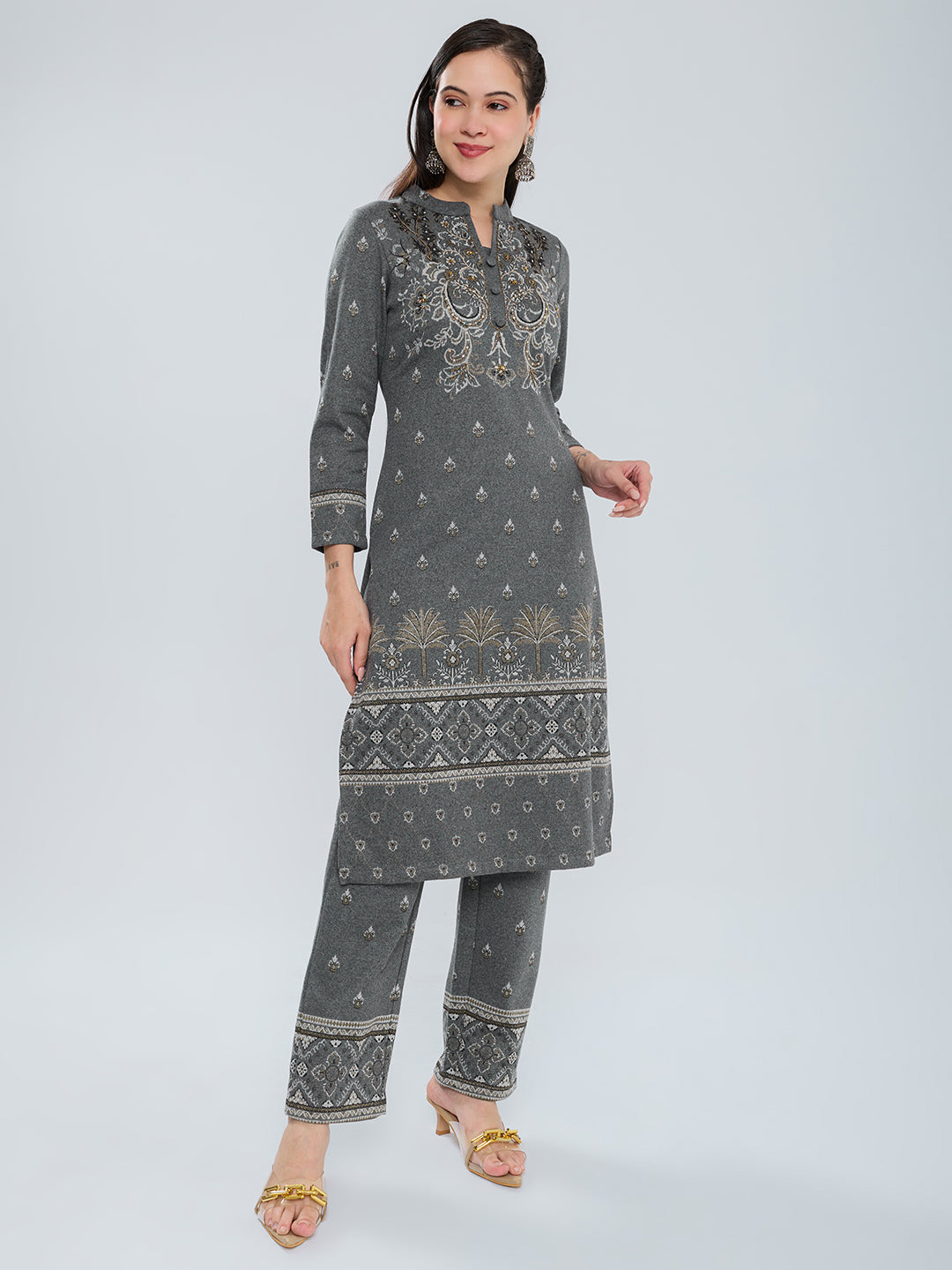 Women Charcoal Self Design Henley Neck Short Sleeve Kurtis Set for Winter