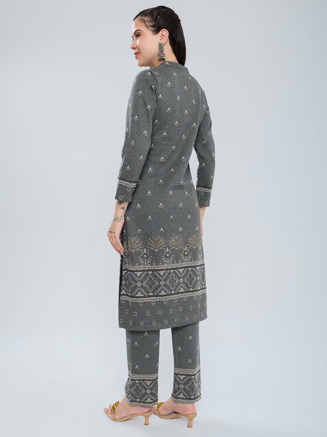 Women Charcoal Self Design Henley Neck Short Sleeve Kurtis Set for Winter