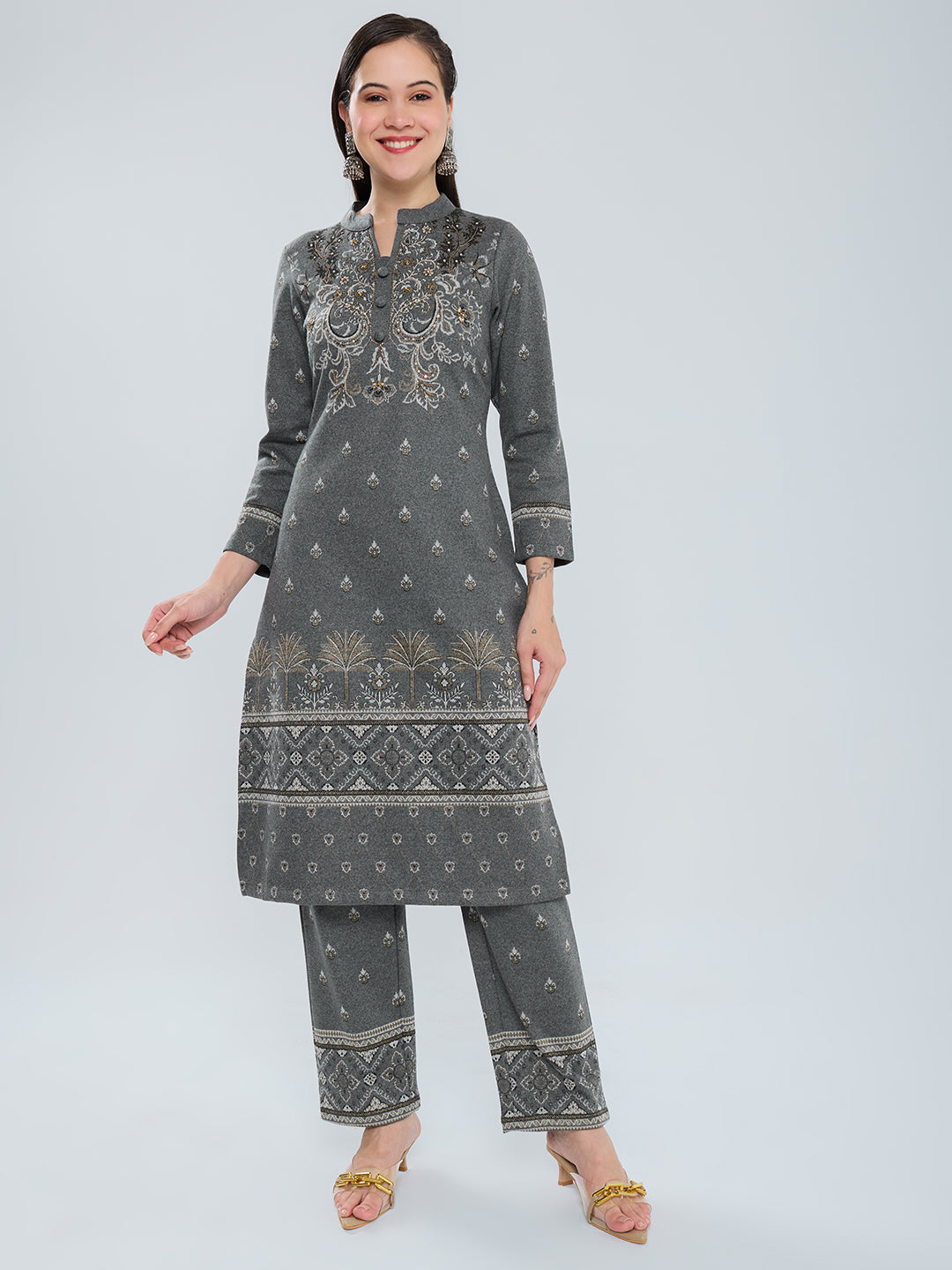 Women Charcoal Self Design Henley Neck Short Sleeve Kurtis Set for Winter