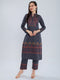 Women Navy Blue Self Design Henley Neck Short Sleeve Kurtis Set for Winter