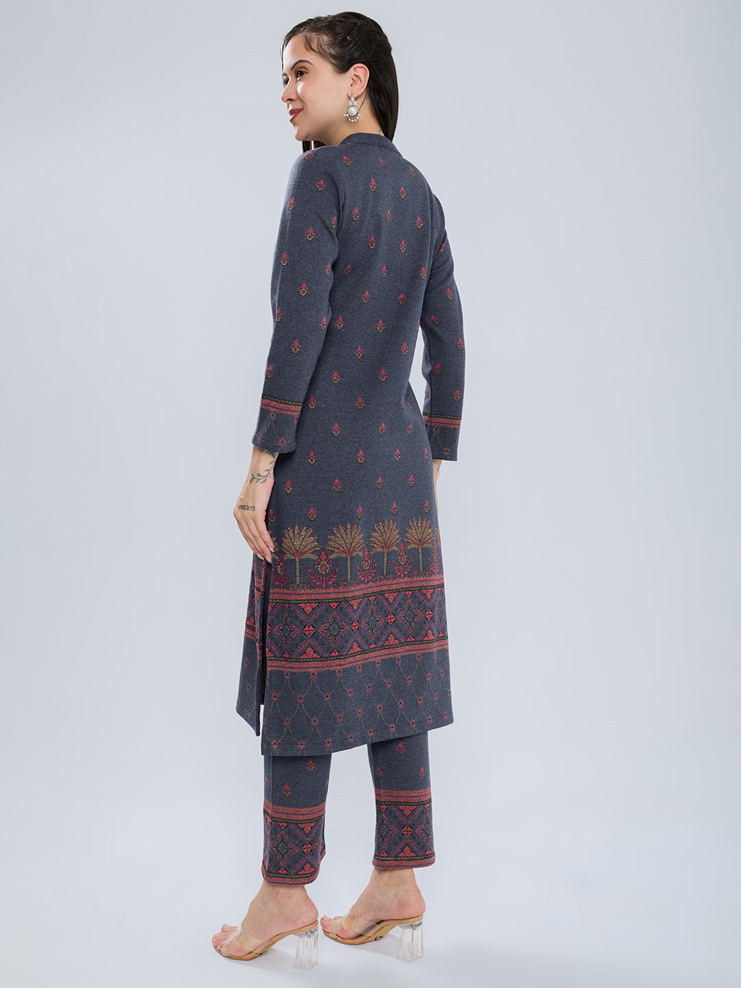 Women Navy Blue Self Design Henley Neck Short Sleeve Kurtis Set for Winter