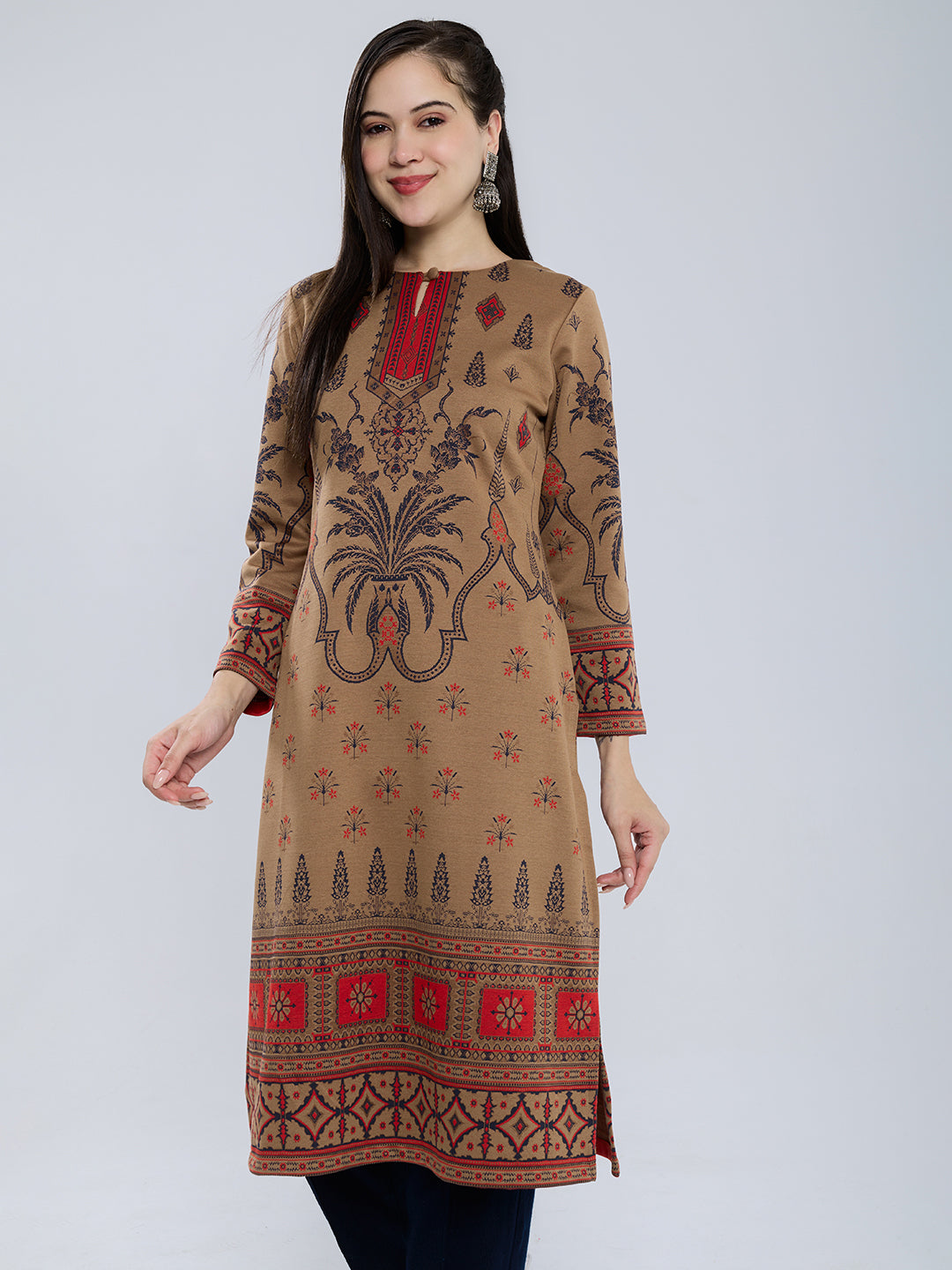 Women Camel Brown Self Design Round Neck Full Sleeve Winter Kurtis