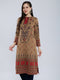 Women Camel Brown Self Design Round Neck Full Sleeve Winter Kurtis