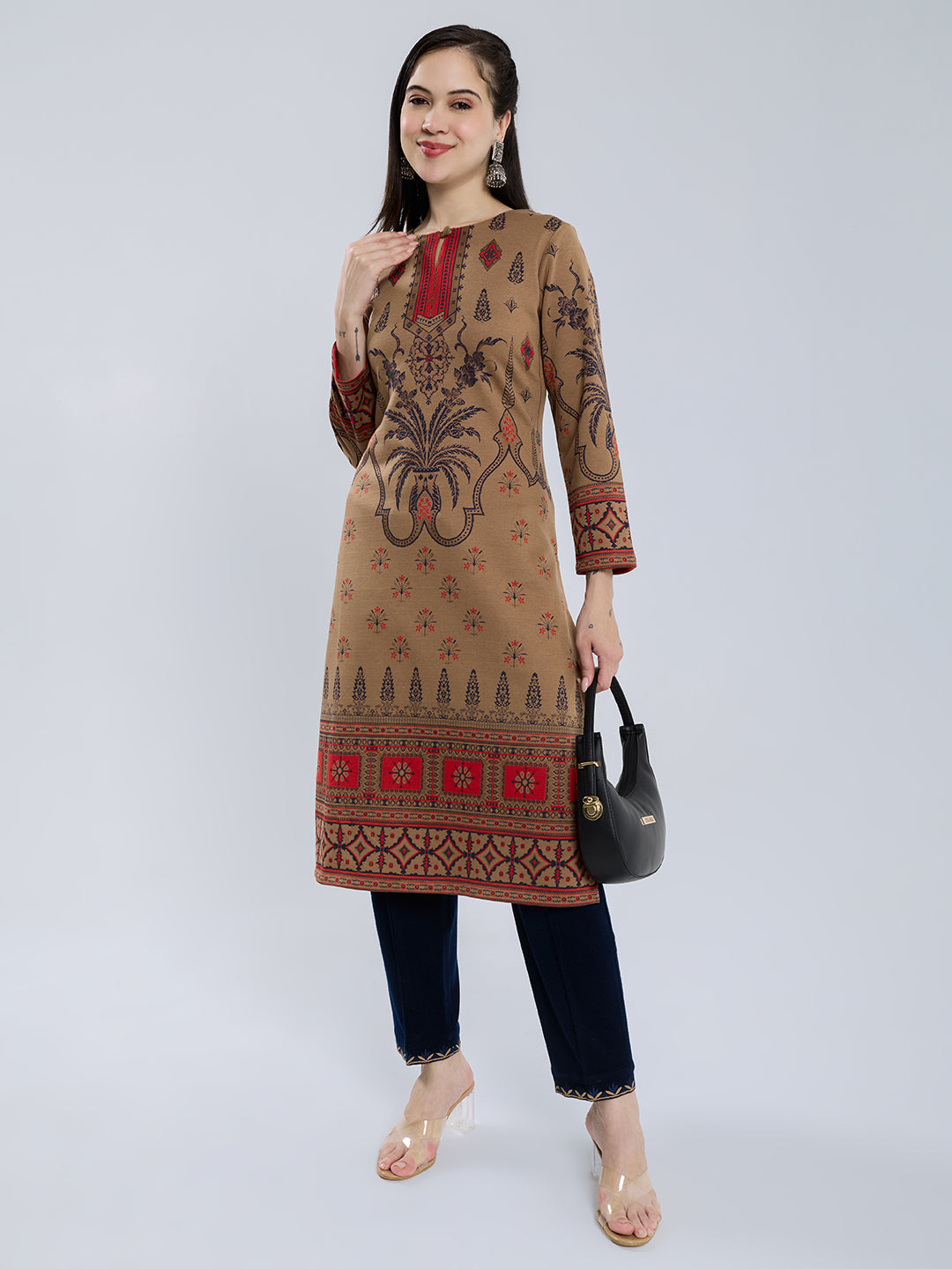 Women Camel Brown Self Design Round Neck Full Sleeve Winter Kurtis