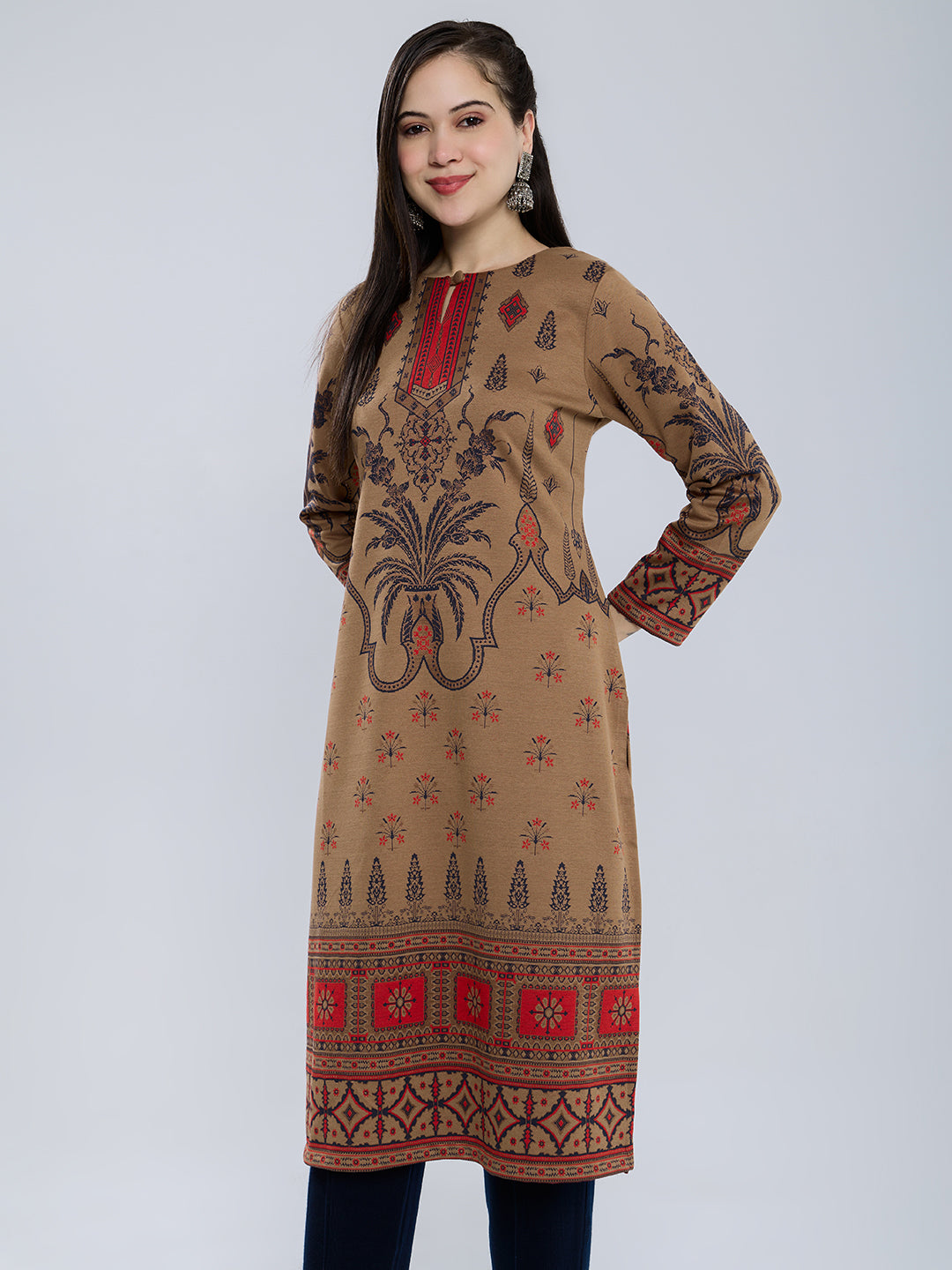 Women Camel Brown Self Design Round Neck Full Sleeve Winter Kurtis