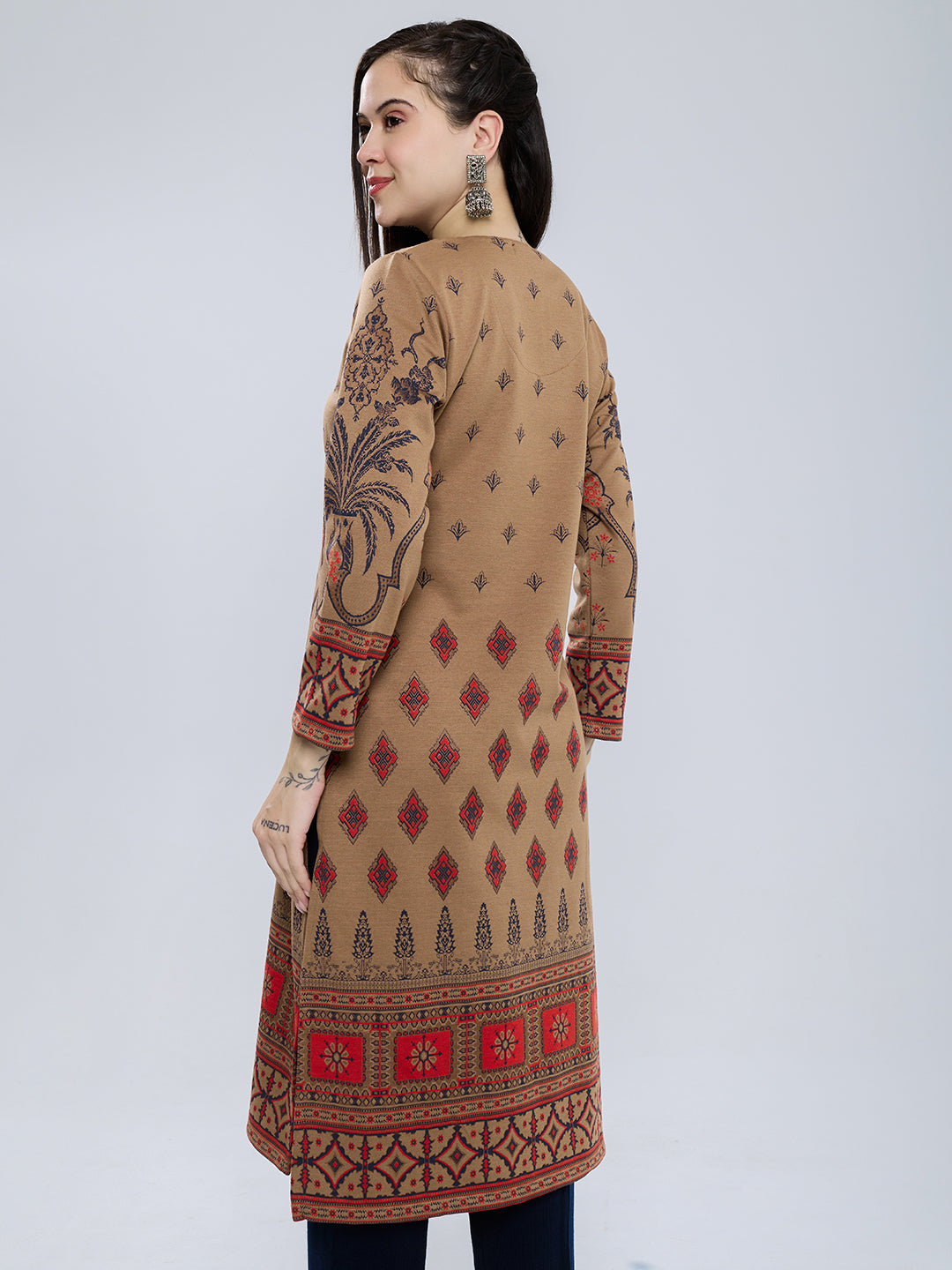 Women Camel Brown Self Design Round Neck Full Sleeve Winter Kurtis