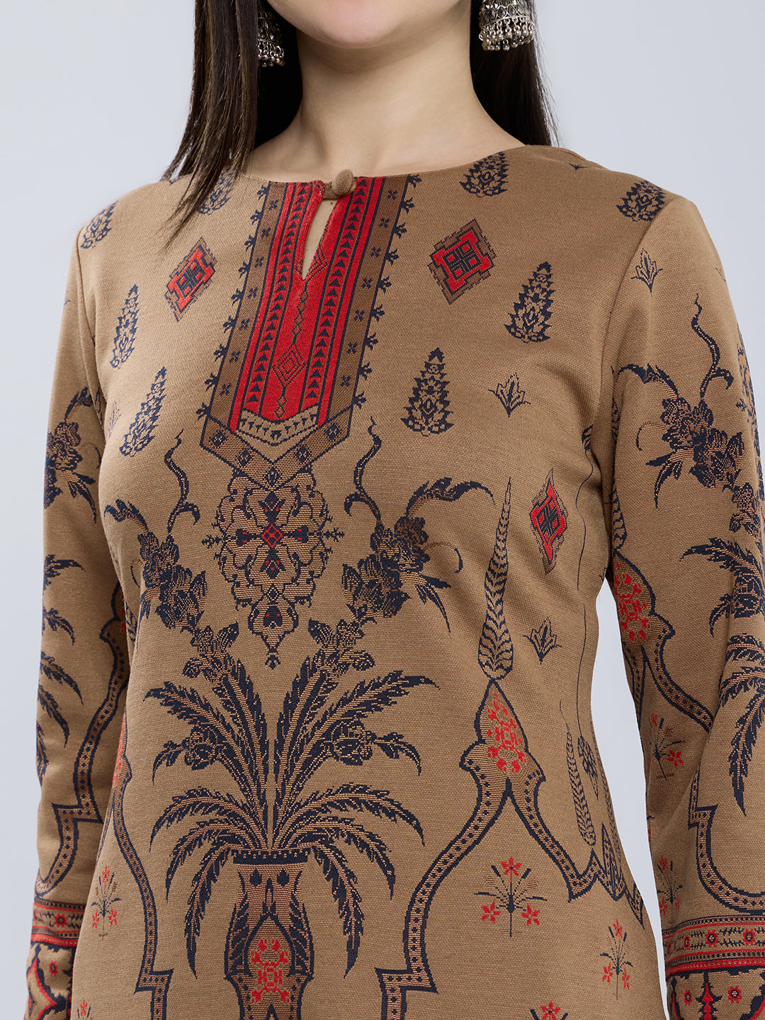 Women Camel Brown Self Design Round Neck Full Sleeve Winter Kurtis