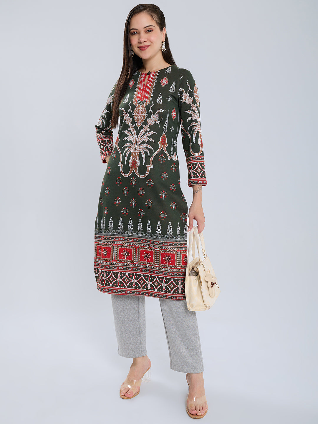 Women Olive Self Design Round Neck Full Sleeve Winter Kurtis