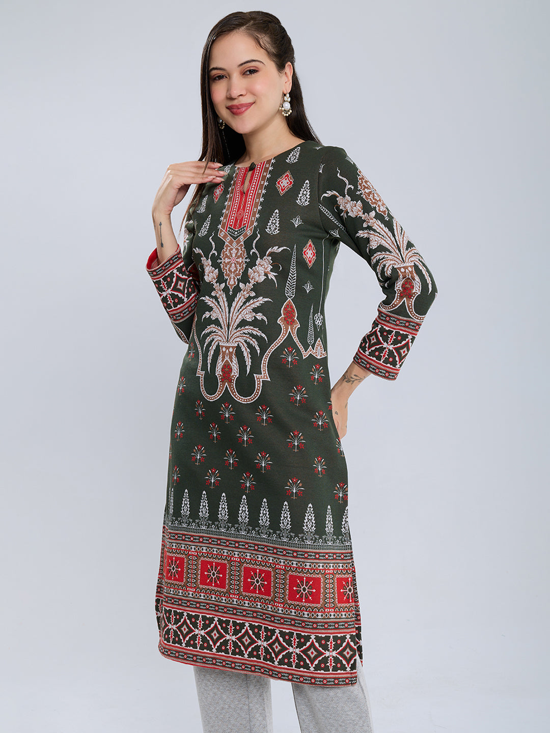 Women Olive Self Design Round Neck Full Sleeve Winter Kurtis