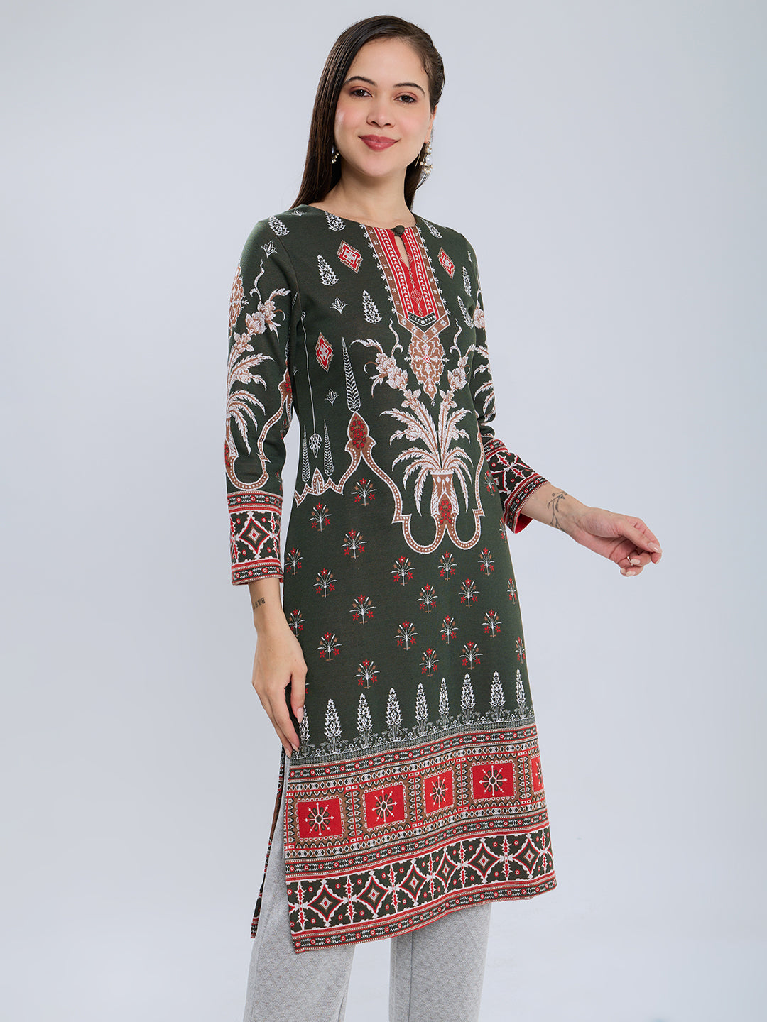 Women Olive Self Design Round Neck Full Sleeve Winter Kurtis