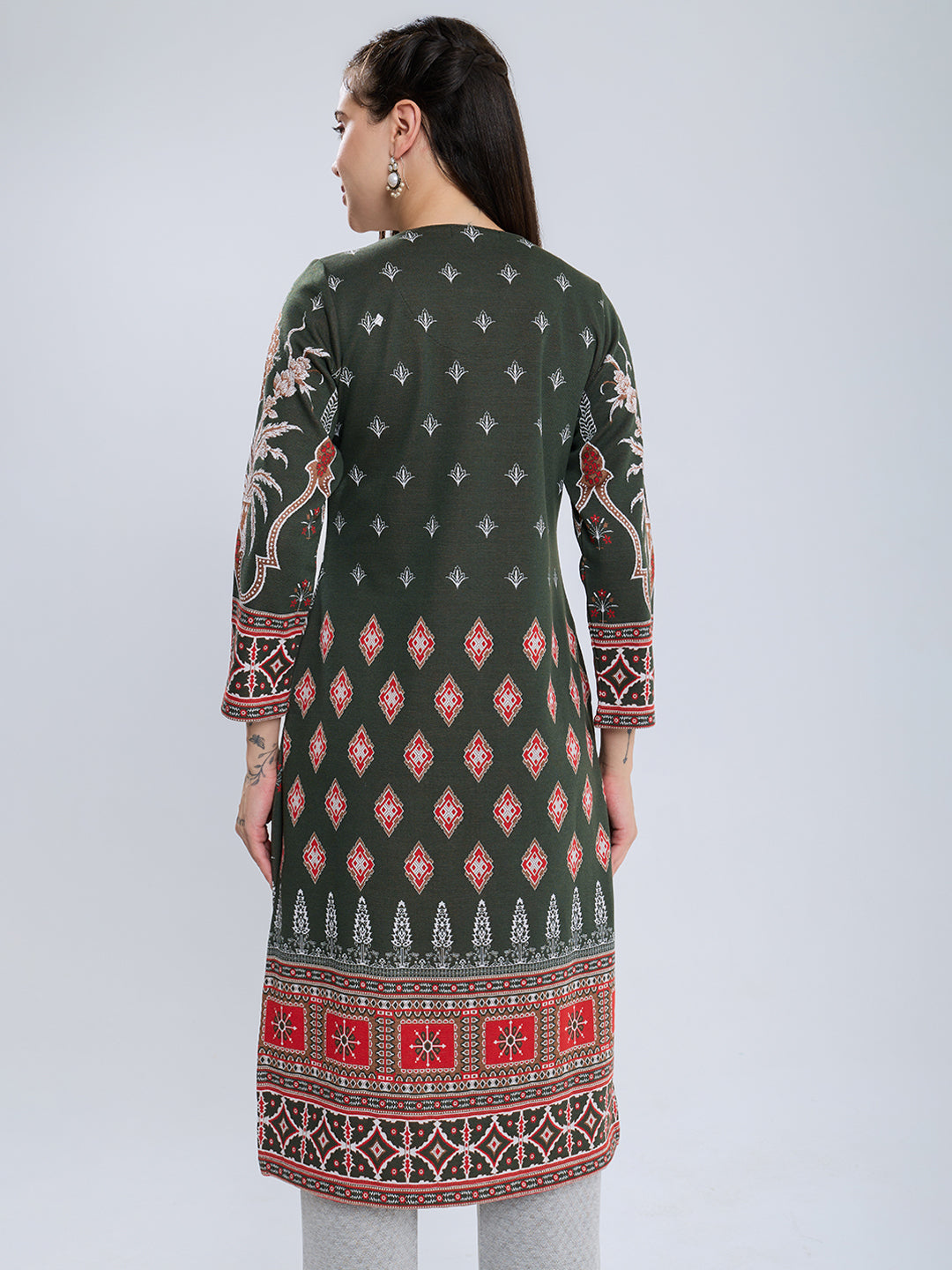 Women Olive Self Design Round Neck Full Sleeve Winter Kurtis