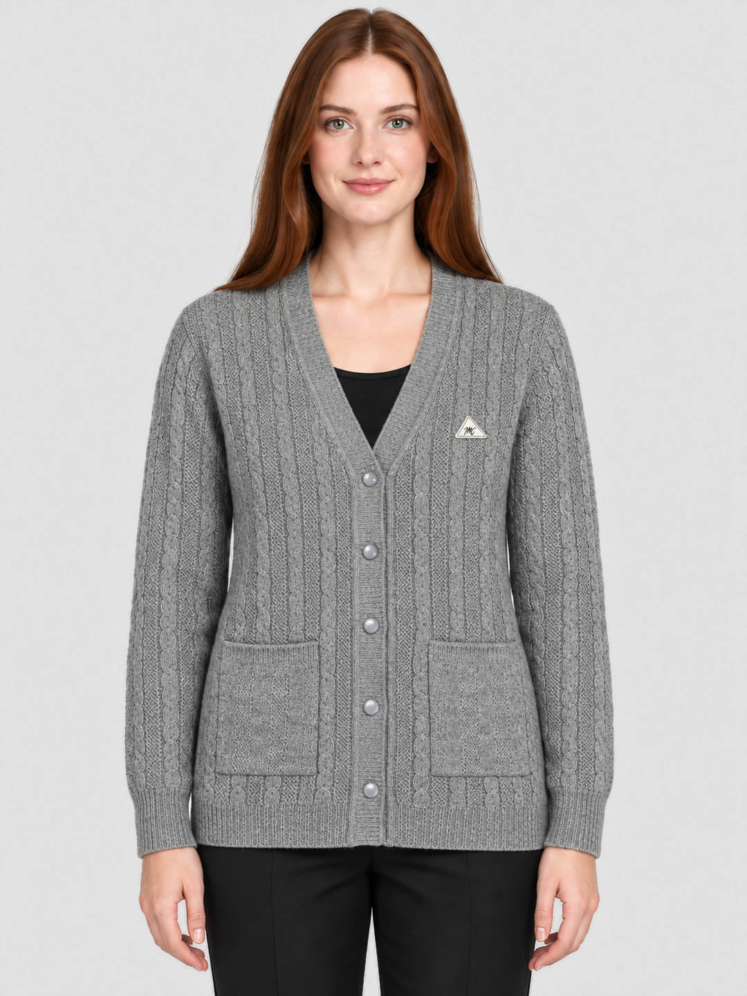 Women Grey Self Design V Neck Full Sleeve Cardigan