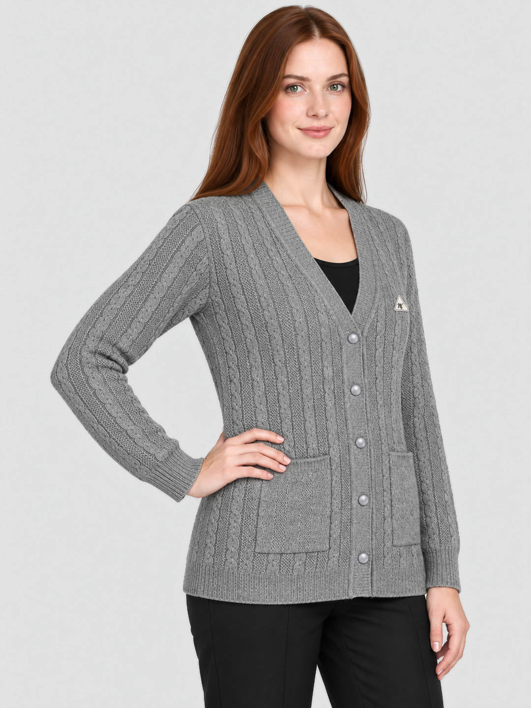 Women Grey Self Design V Neck Full Sleeve Cardigan