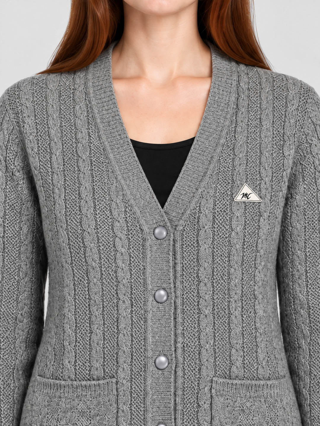 Women Grey Self Design V Neck Full Sleeve Cardigan