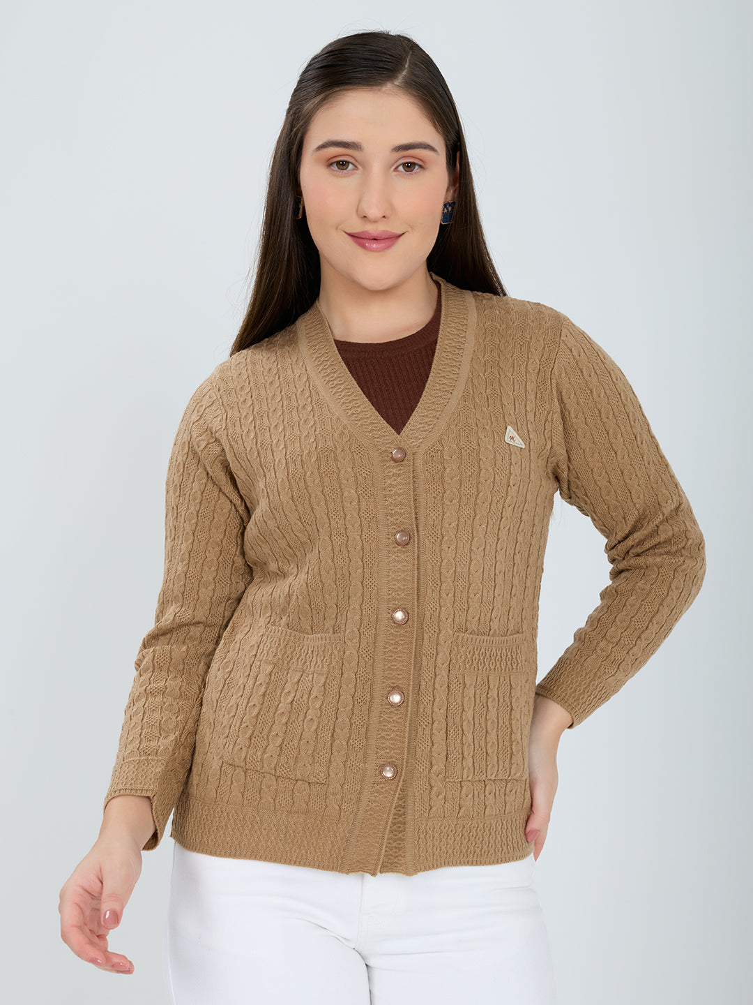 Women Camel Brown Self Design V Neck Full Sleeve Cardigan