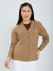 Women Camel Brown Self Design V Neck Full Sleeve Cardigan