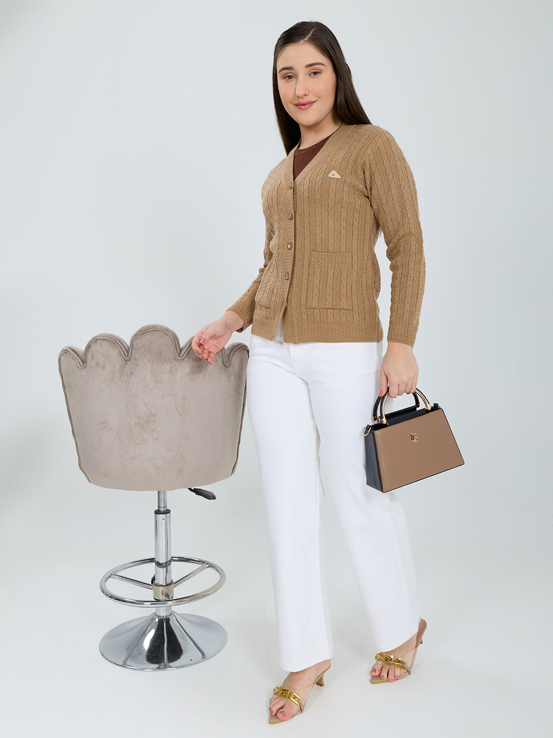 Women Camel Brown Self Design V Neck Full Sleeve Cardigan