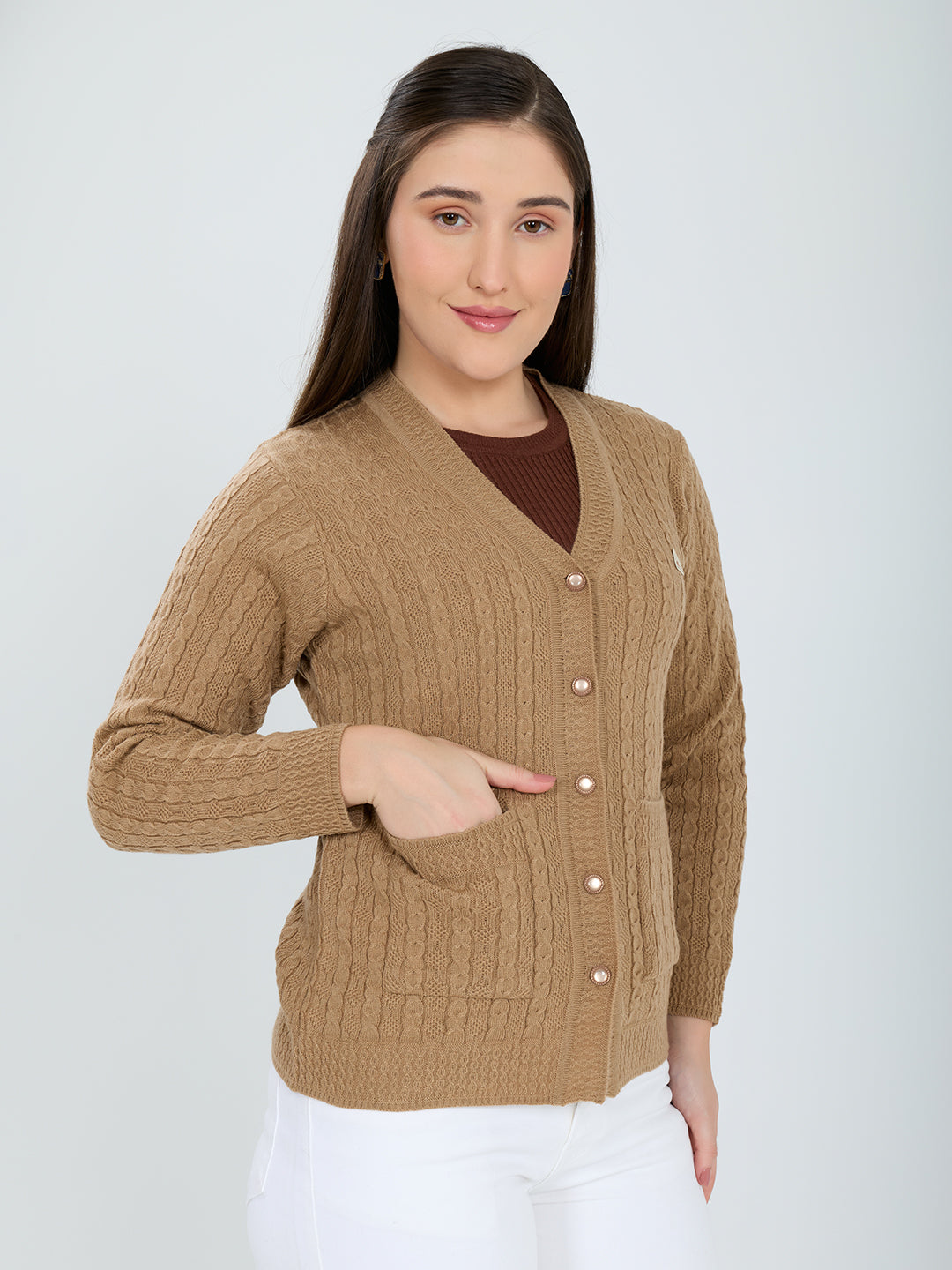 Women Camel Brown Self Design V Neck Full Sleeve Cardigan