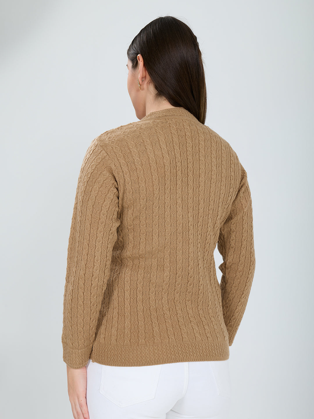 Women Camel Brown Self Design V Neck Full Sleeve Cardigan
