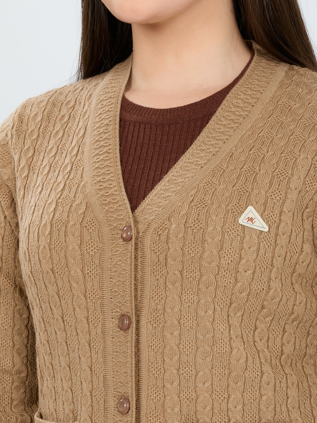 Women Camel Brown Self Design V Neck Full Sleeve Cardigan