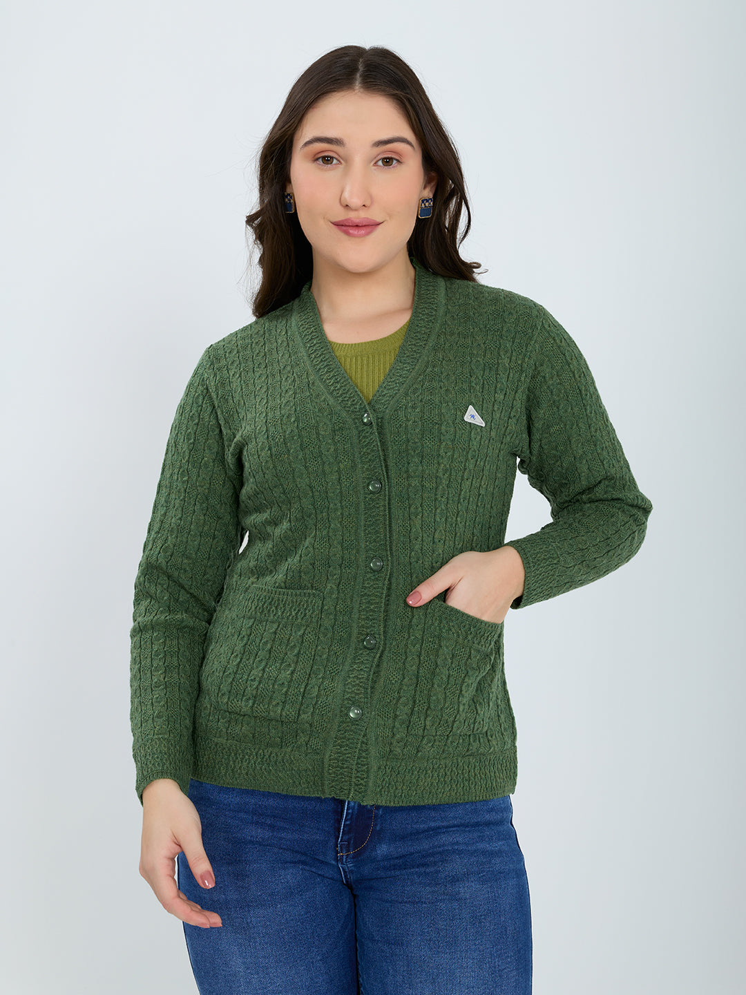 Women Green Self Design V Neck Full Sleeve Cardigan
